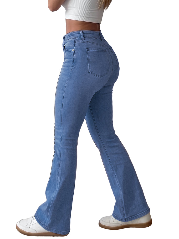 Women Stretchy High Waisted Flare Jeans-Medium Blue