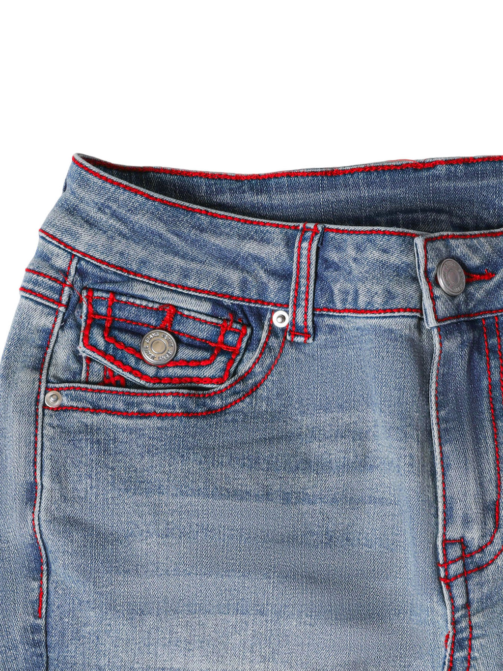 PY1115 Vintage Stretch Bootcut Flare Jeans – Light Blue Wash with Red Contrast Stitching