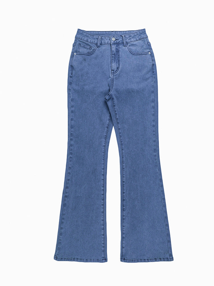 Women Stretchy High Waisted Flare Jeans-Medium Blue