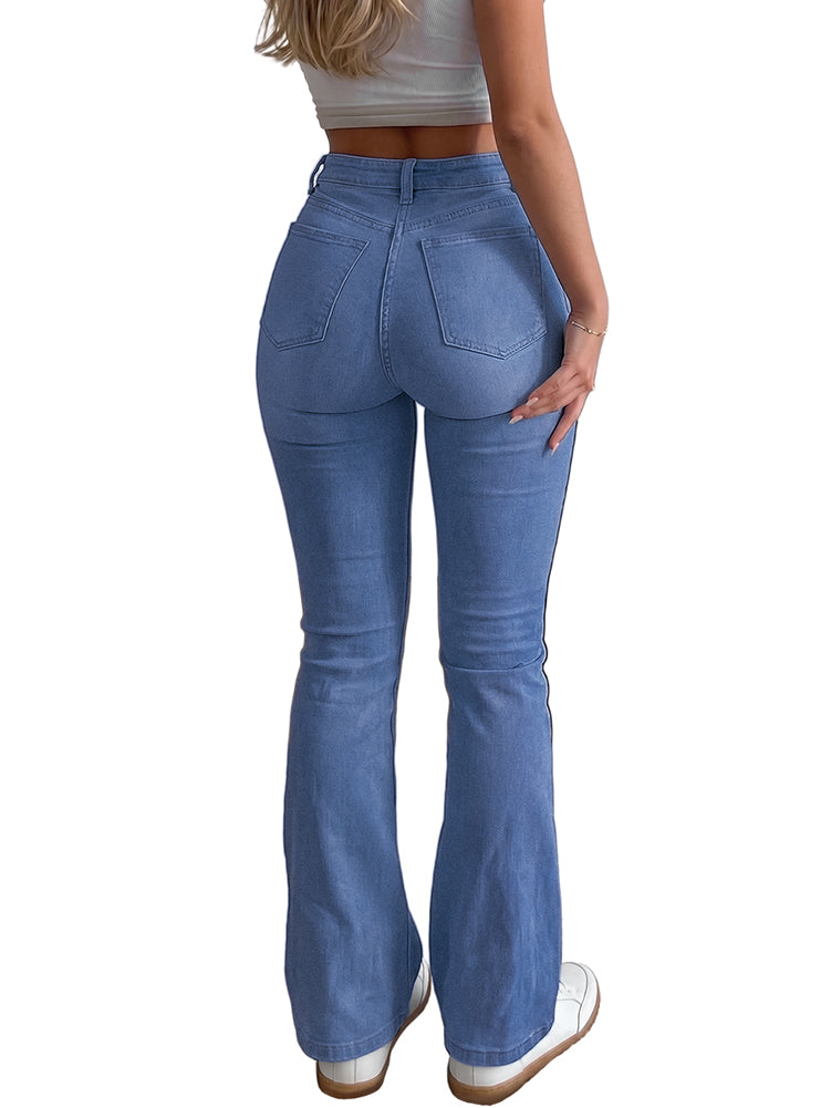 Women Stretchy High Waisted Flare Jeans-Medium Blue