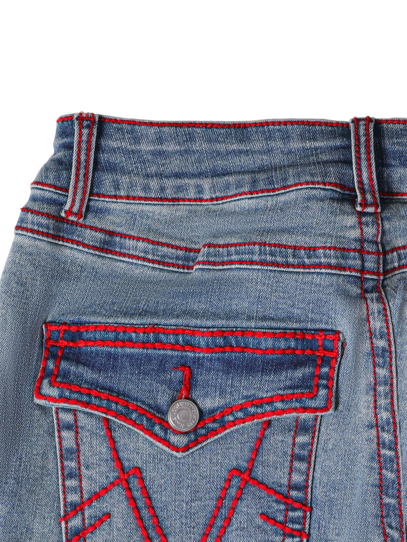 PY1115 Vintage Stretch Bootcut Flare Jeans – Light Blue Wash with Red Contrast Stitching