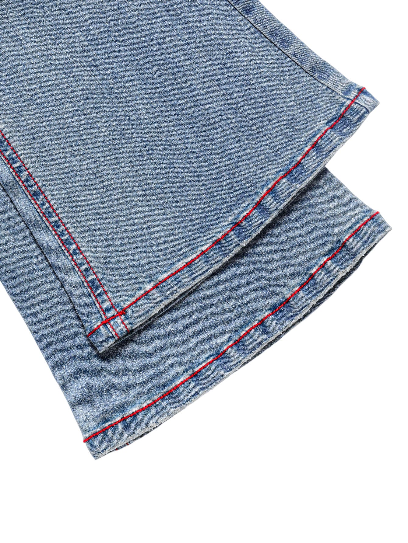 PY1115 Vintage Stretch Bootcut Flare Jeans – Light Blue Wash with Red Contrast Stitching
