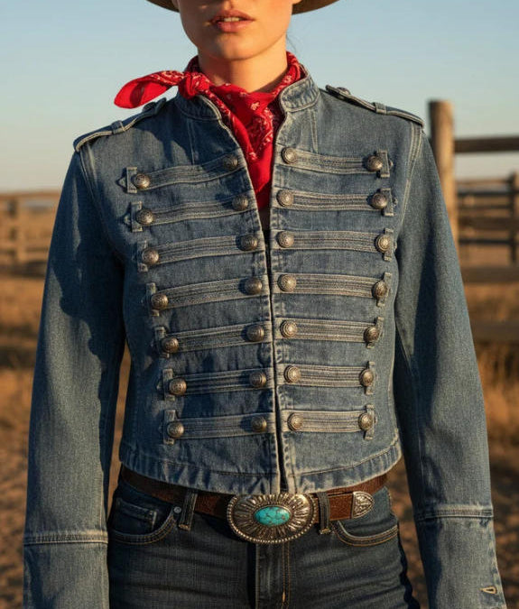 Women Military Denim Jacket Stand Collar Cropped Jean Jacket