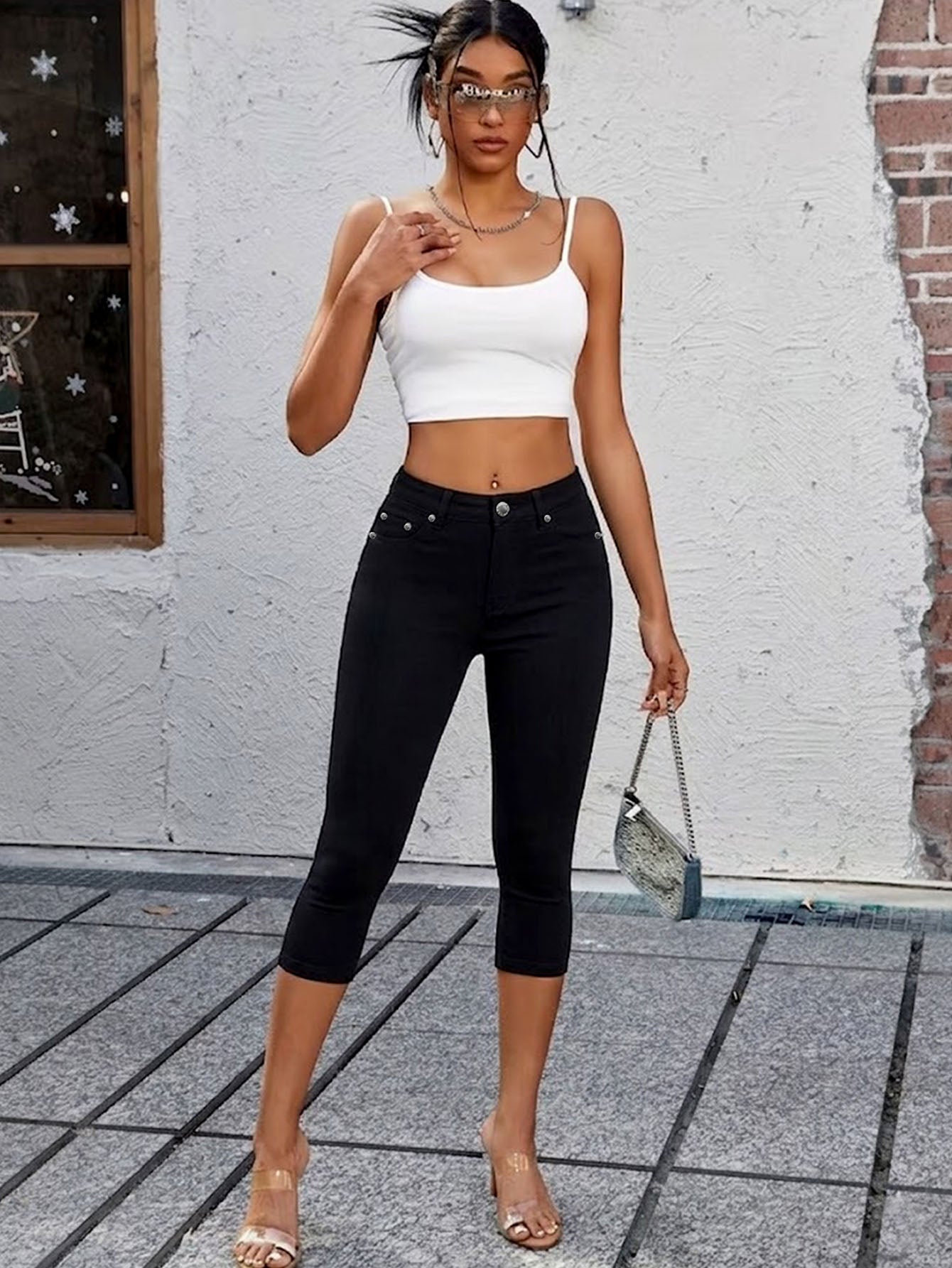 Women High Waist Ultra Stretch Skinny Capri Jeans - Black