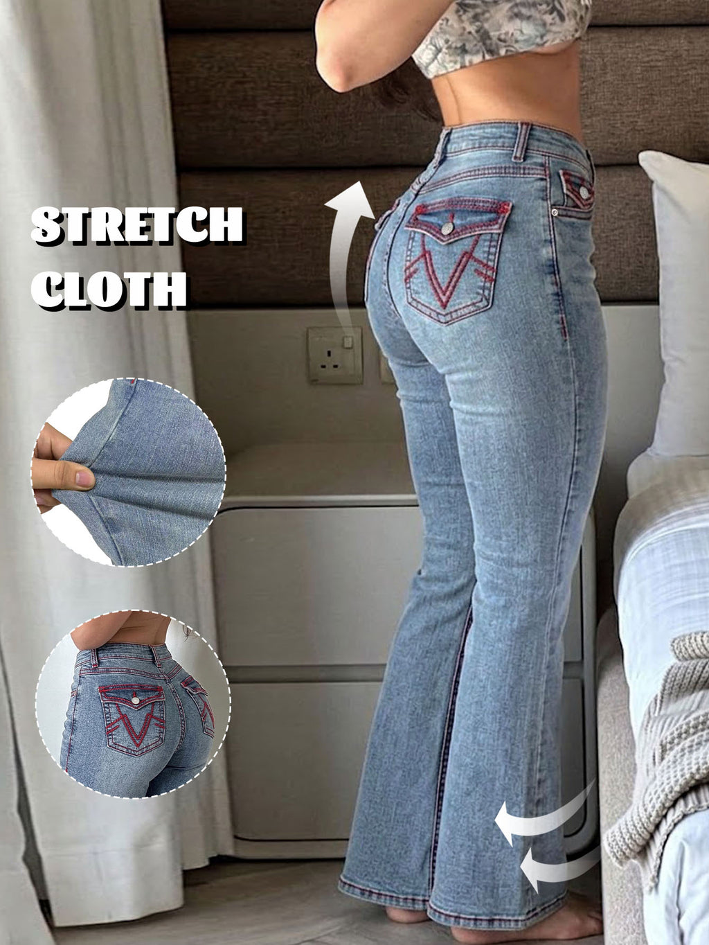 PY1115 Vintage Stretch Bootcut Flare Jeans – Light Blue Wash with Red Contrast Stitching