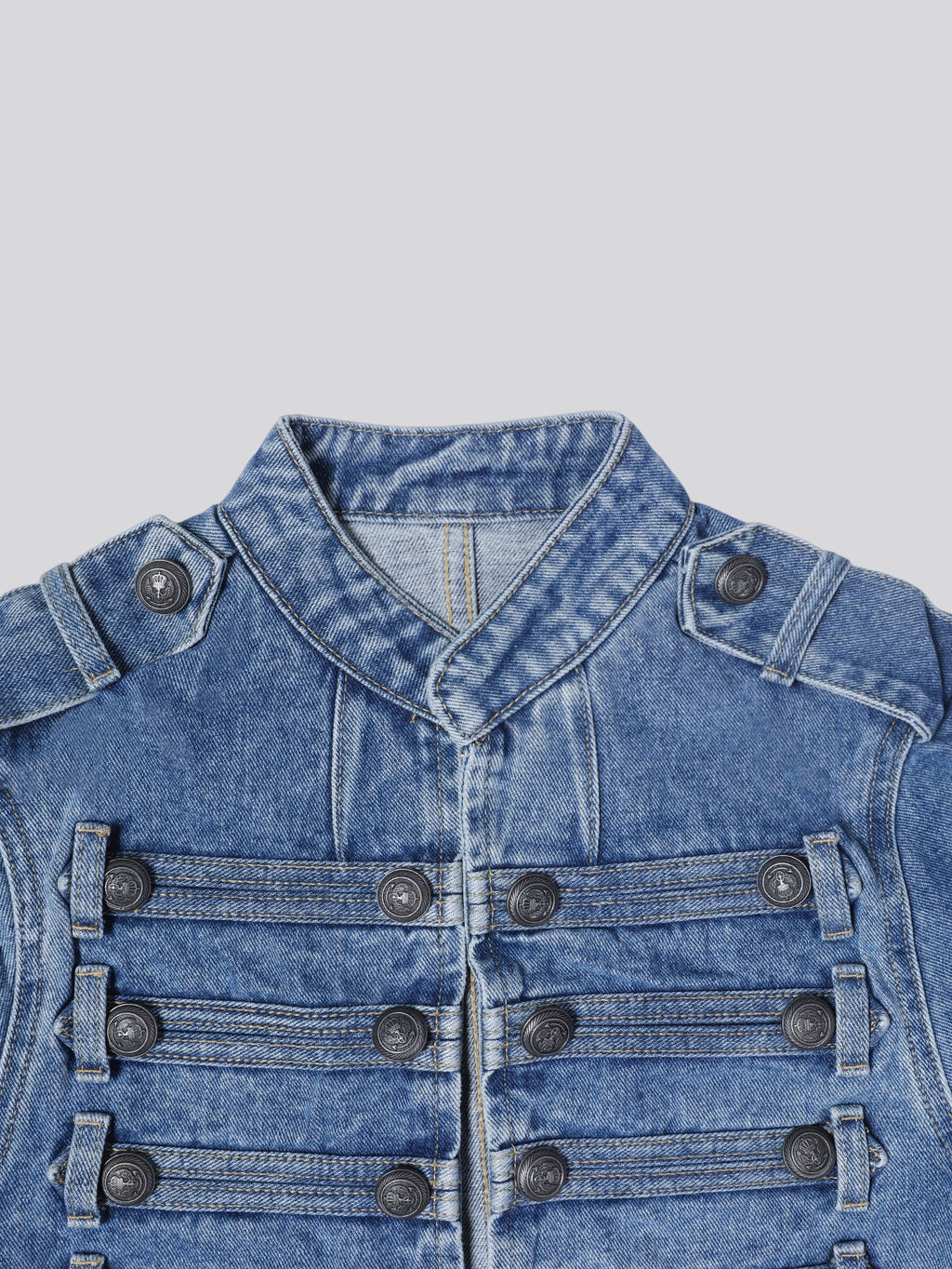 Women Military Denim Jacket Stand Collar Cropped Jean Jacket