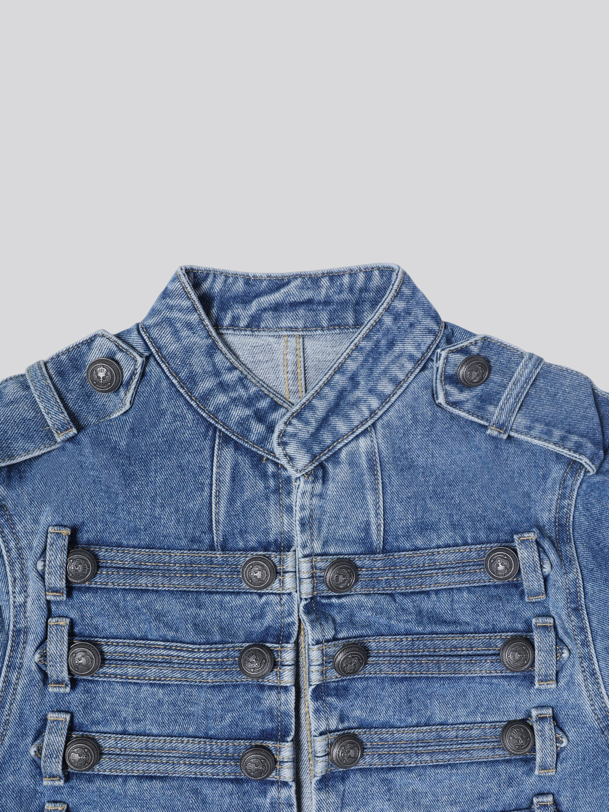 Women Military Denim Jacket Stand Collar Cropped Jean Jacket