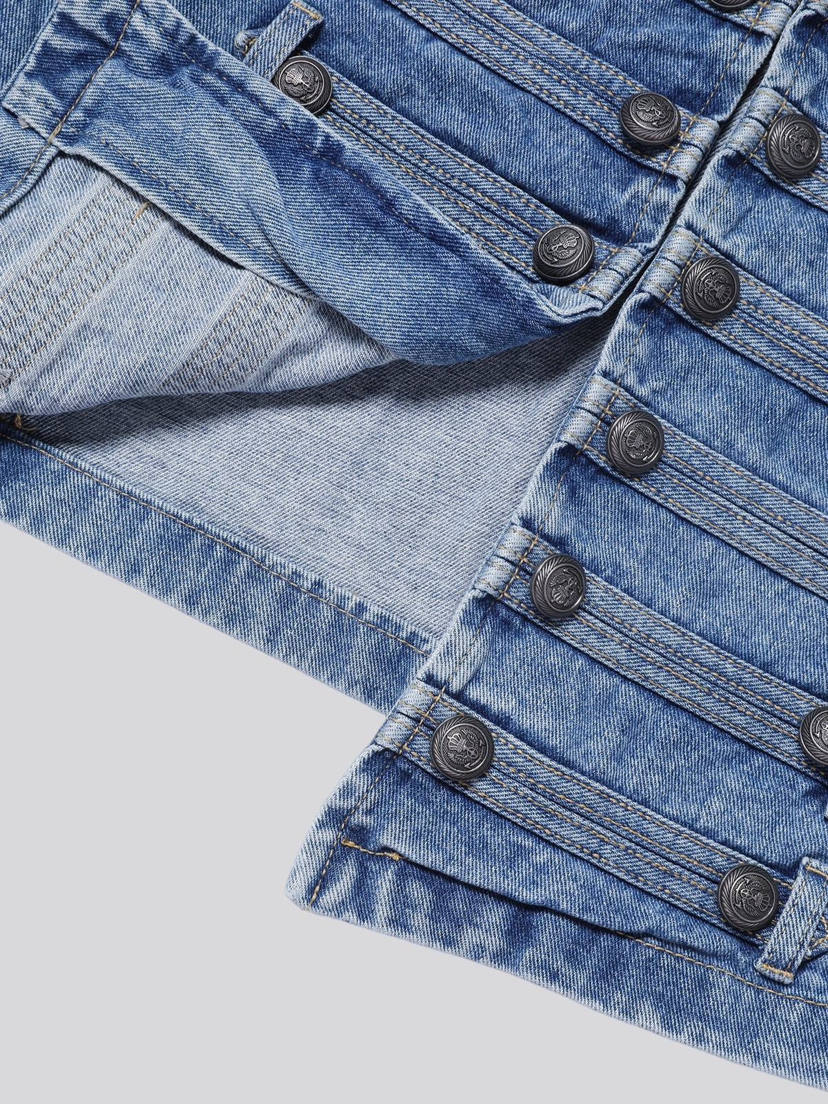 Women Military Denim Jacket Stand Collar Cropped Jean Jacket