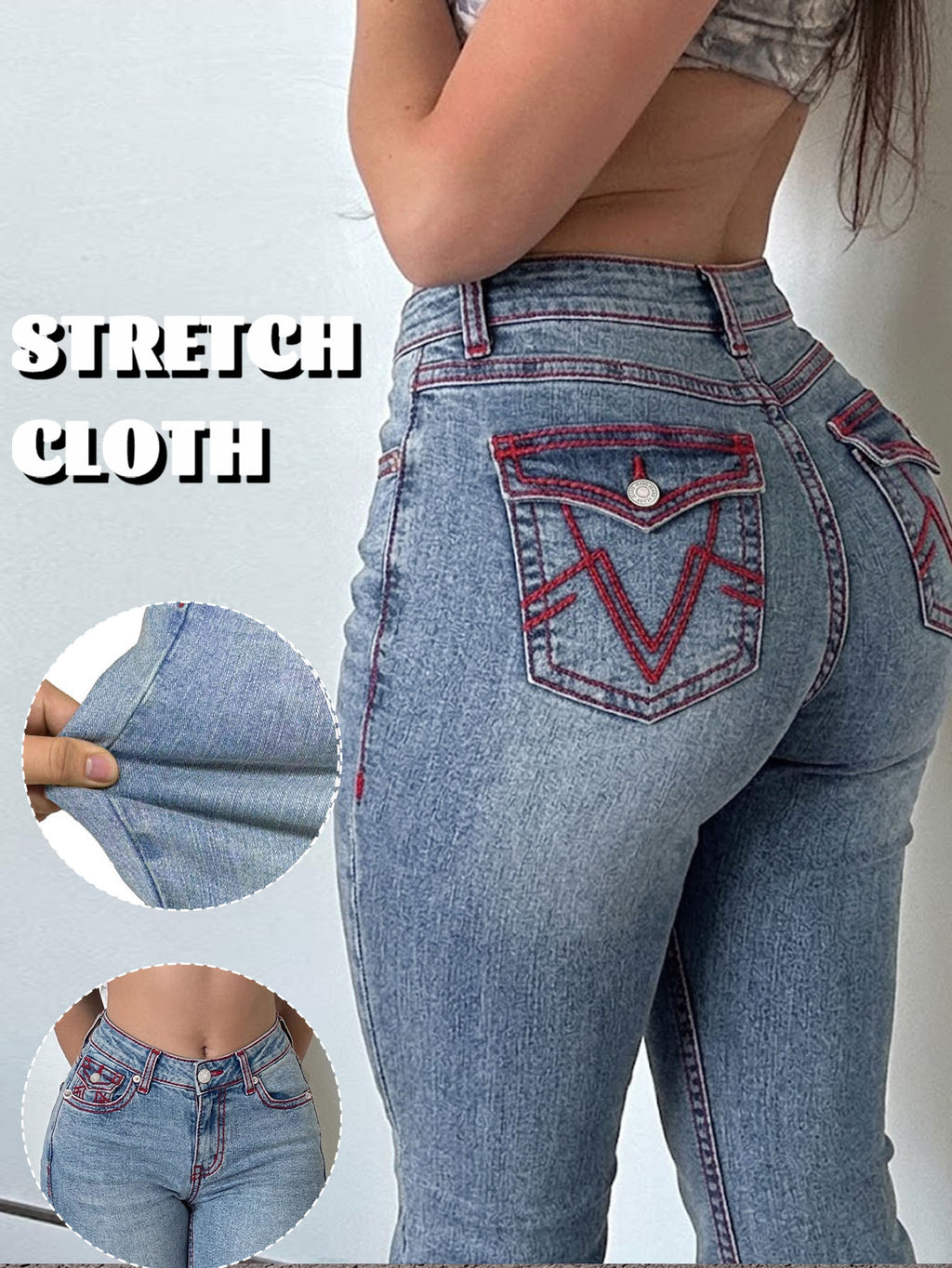 PY1115 Vintage Stretch Bootcut Flare Jeans – Light Blue Wash with Red Contrast Stitching