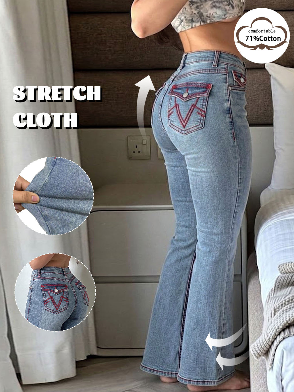 PY1115 Vintage Stretch Bootcut Flare Jeans – Light Blue Wash with Red Contrast Stitching