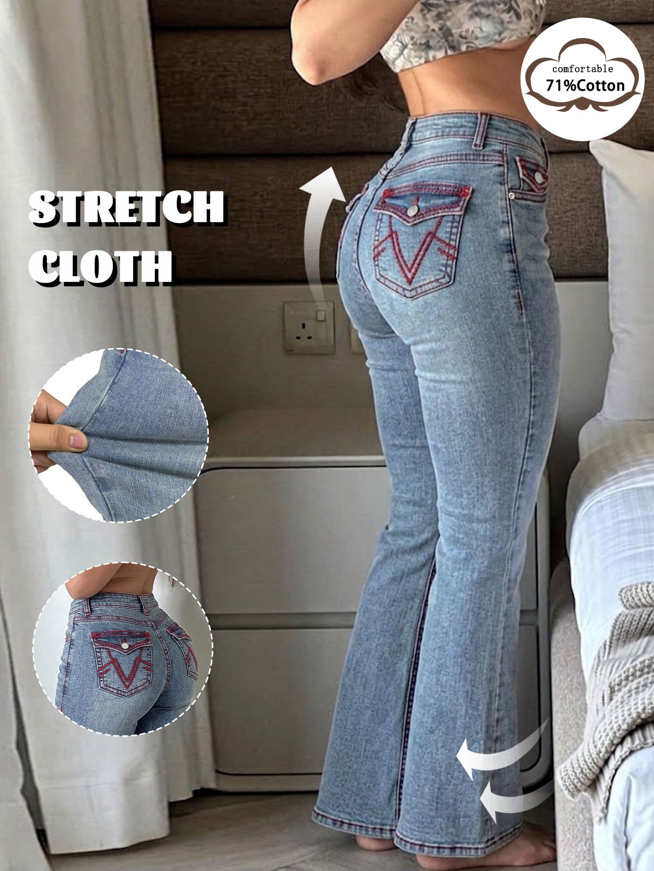 PY1115 Vintage Stretch Bootcut Flare Jeans – Light Blue Wash with Red Contrast Stitching