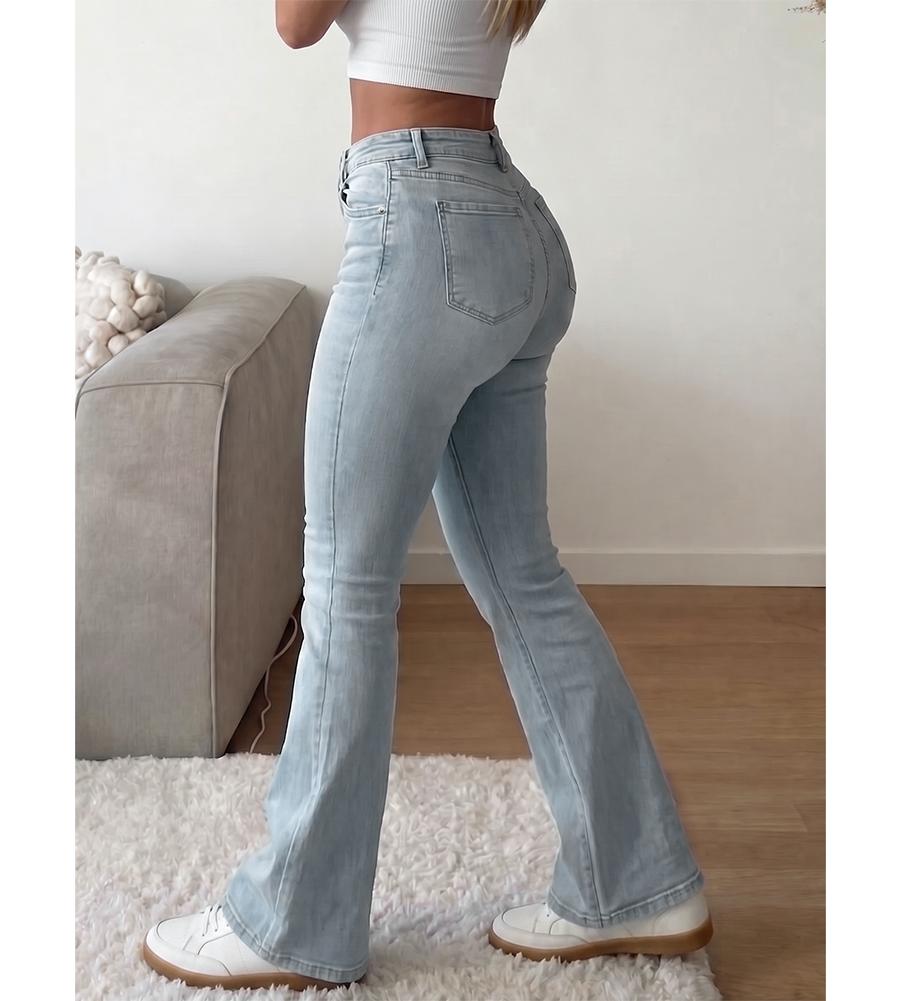 Women Stretchy High Waisted Flare Jeans-Light Blue