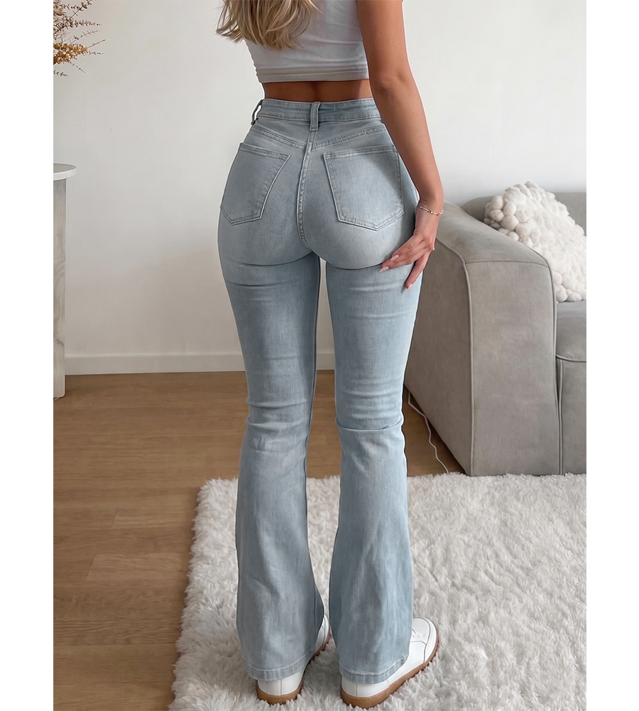 Women Stretchy High Waisted Flare Jeans-Light Blue