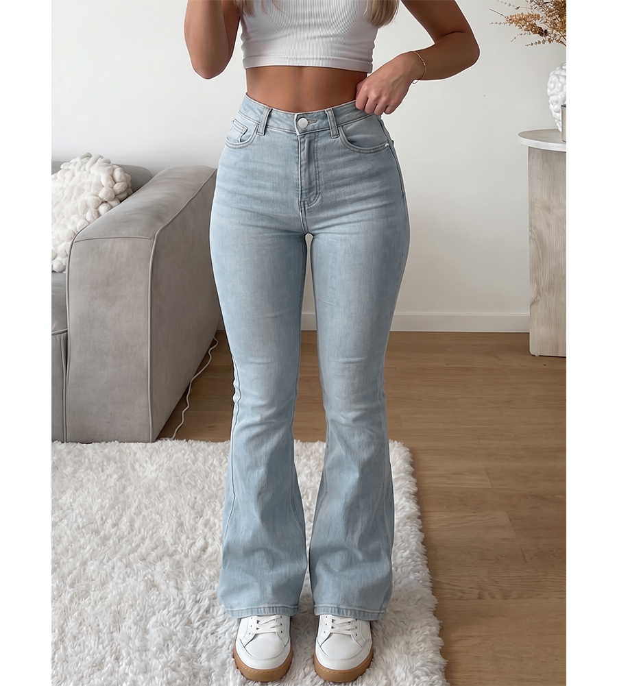 Women Stretchy High Waisted Flare Jeans-Light Blue