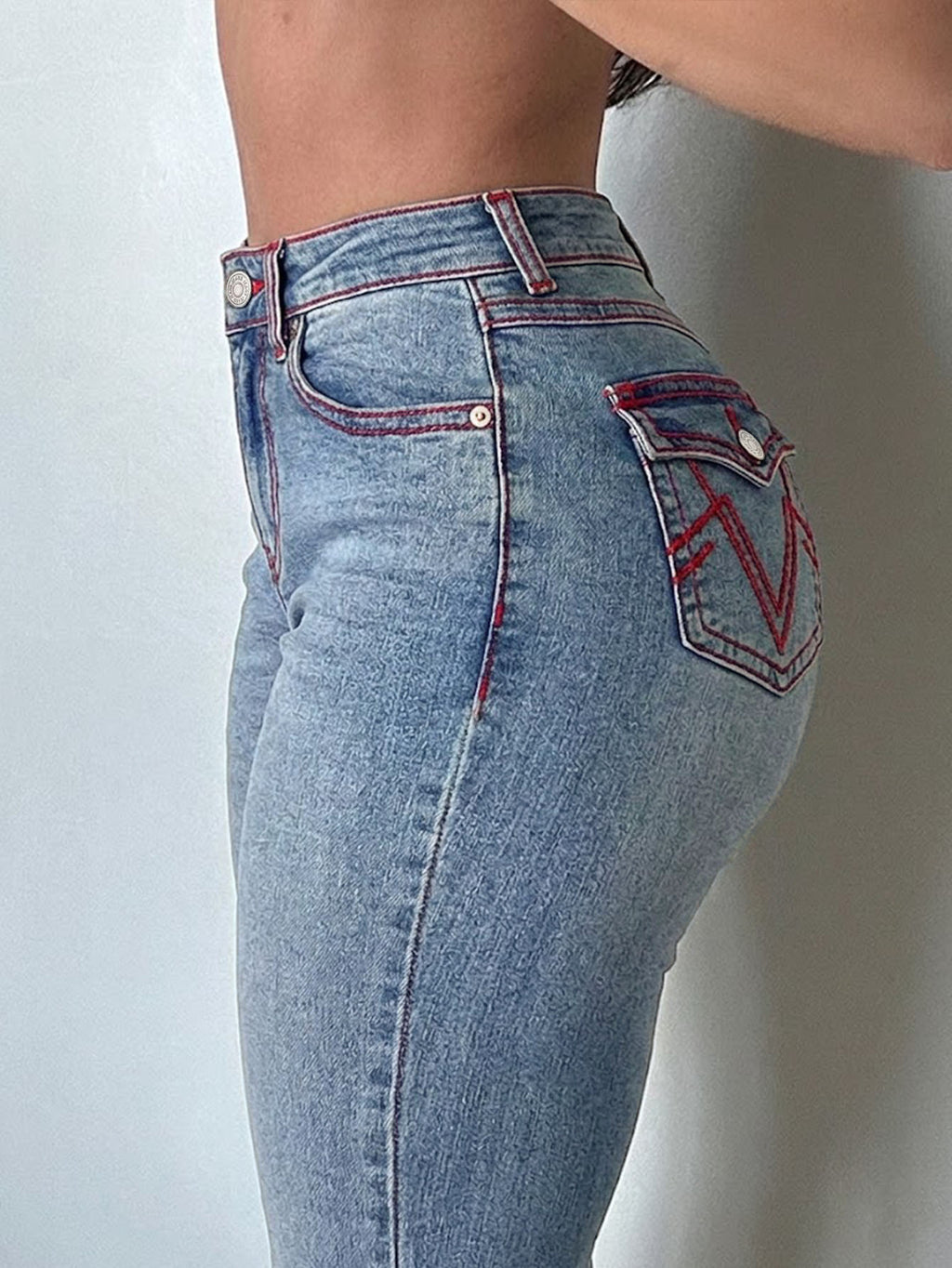 PY1115 Vintage Stretch Bootcut Flare Jeans – Light Blue Wash with Red Contrast Stitching