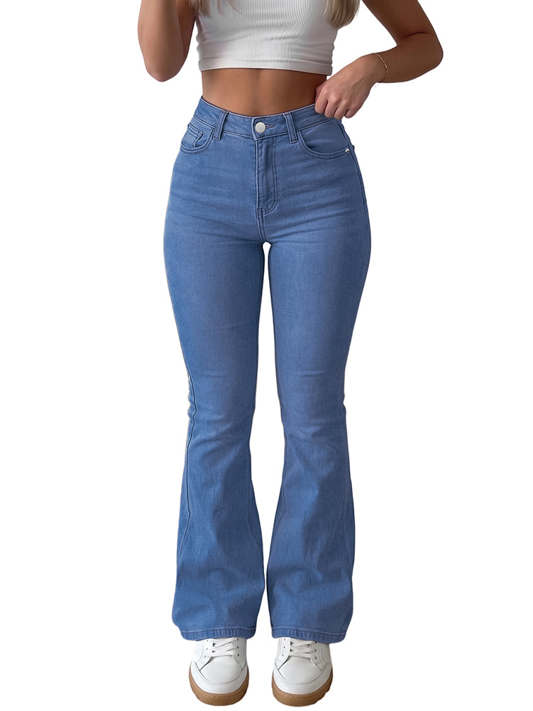 Women Stretchy High Waisted Flare Jeans-Medium Blue