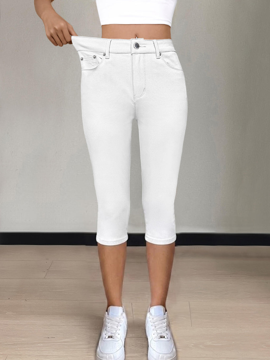 CY007 Women's Ribbed Knit Capri Leggings, High