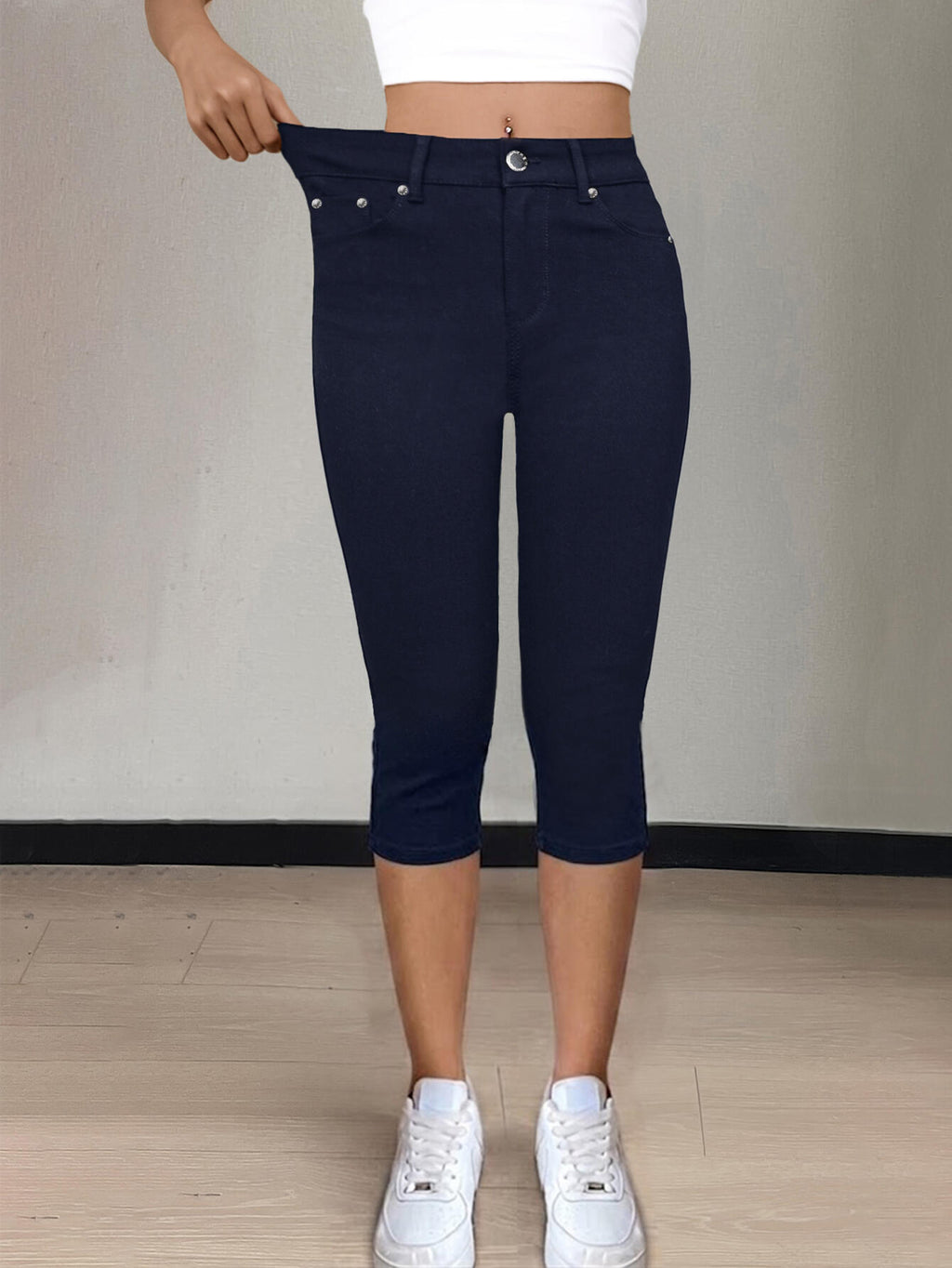 CY007 Women's Ribbed Knit Capri Leggings, High