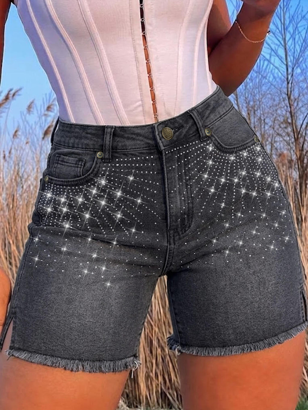 L033TZ Women's Denim Shorts, Mid-Rise Stretch C