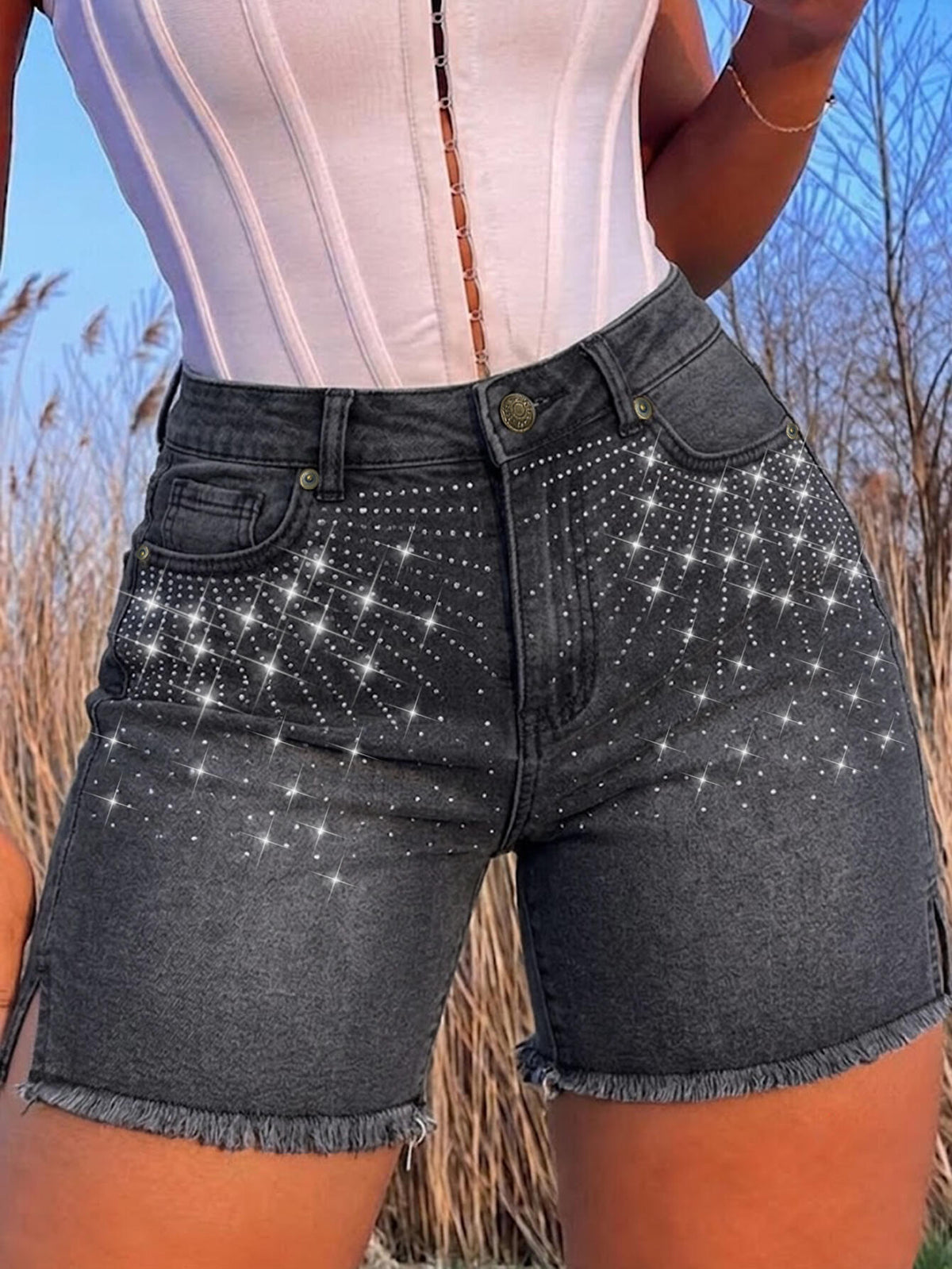 L033TZ Women's Denim Shorts, Mid-Rise Stretch C