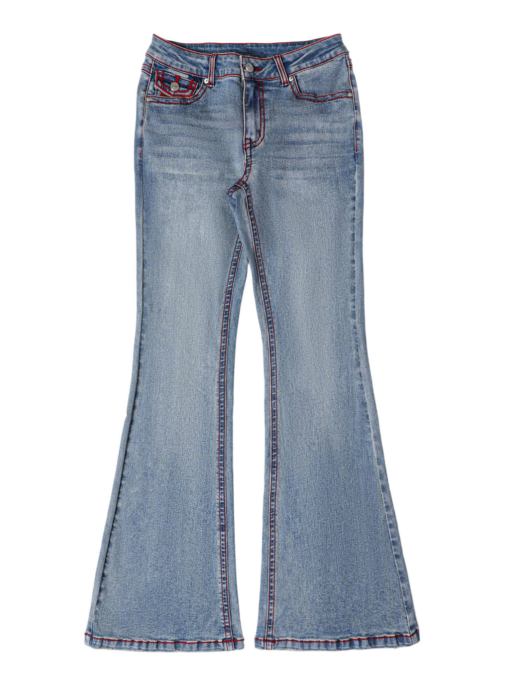PY1115 Vintage Stretch Bootcut Flare Jeans – Light Blue Wash with Red Contrast Stitching
