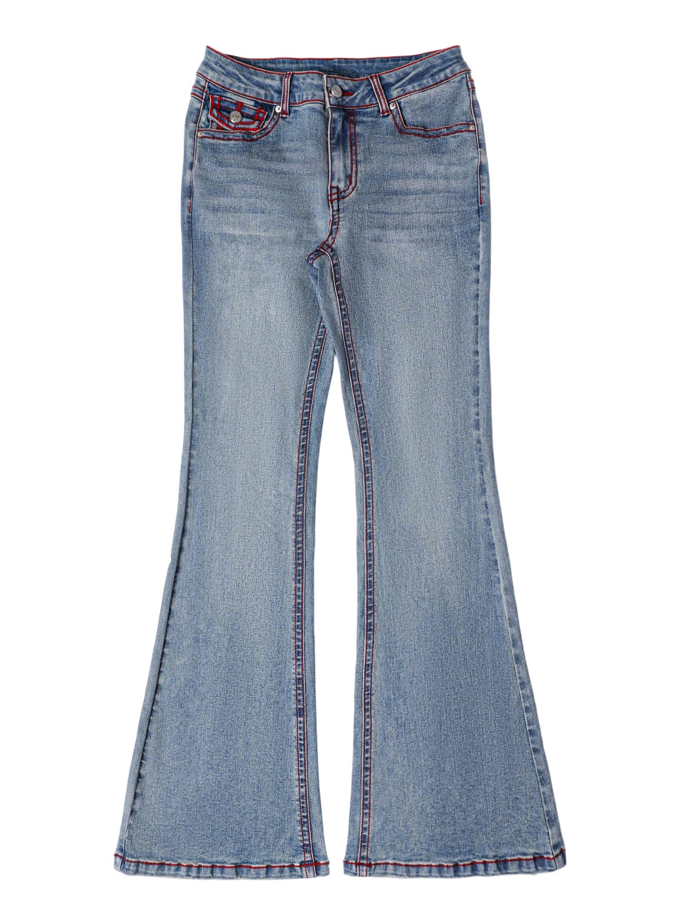 PY1115 Vintage Stretch Bootcut Flare Jeans – Light Blue Wash with Red Contrast Stitching