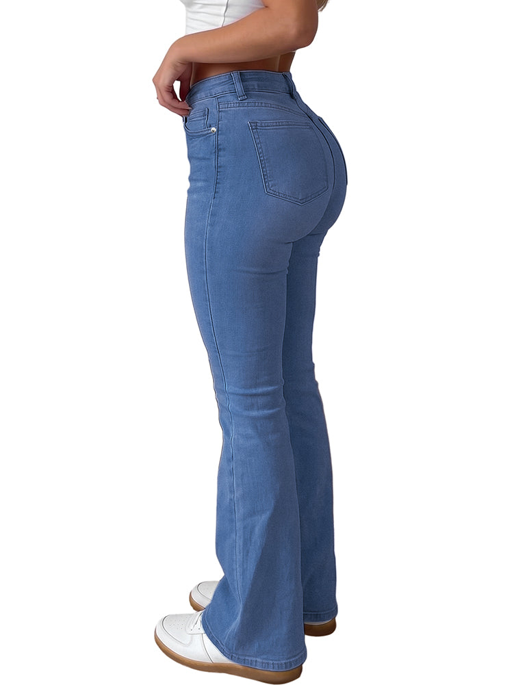 Women Stretchy High Waisted Flare Jeans-Medium Blue