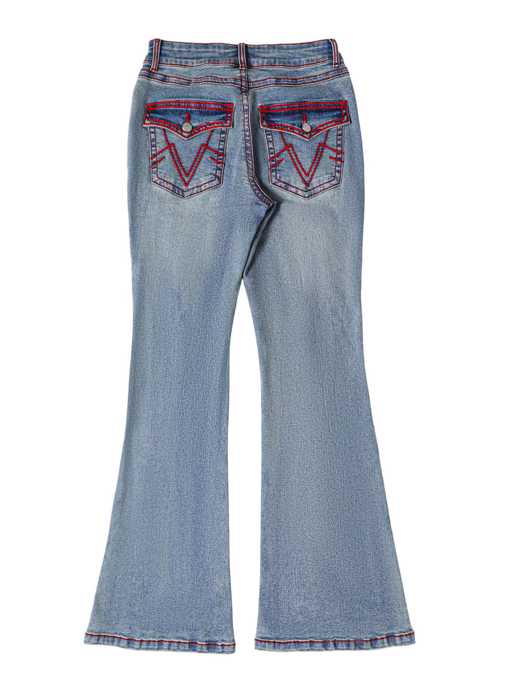 PY1115 Vintage Stretch Bootcut Flare Jeans – Light Blue Wash with Red Contrast Stitching