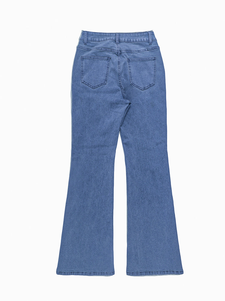 Women Stretchy High Waisted Flare Jeans-Medium Blue