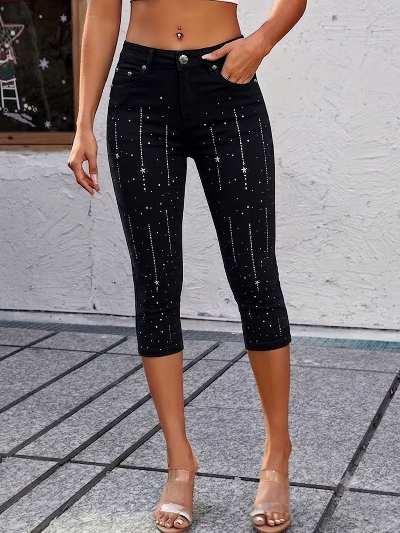 Women High Waist Ultra Stretch Skinny Capri Jeans - Black Bling Bling