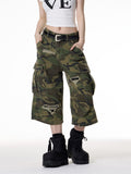 Women Camo Distressed Cargo Capri Pants
