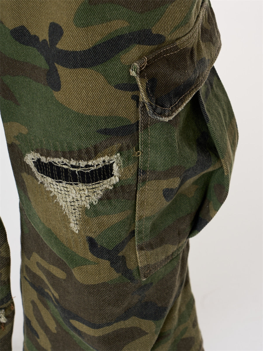 Women Camo Distressed Cargo Capri Pants