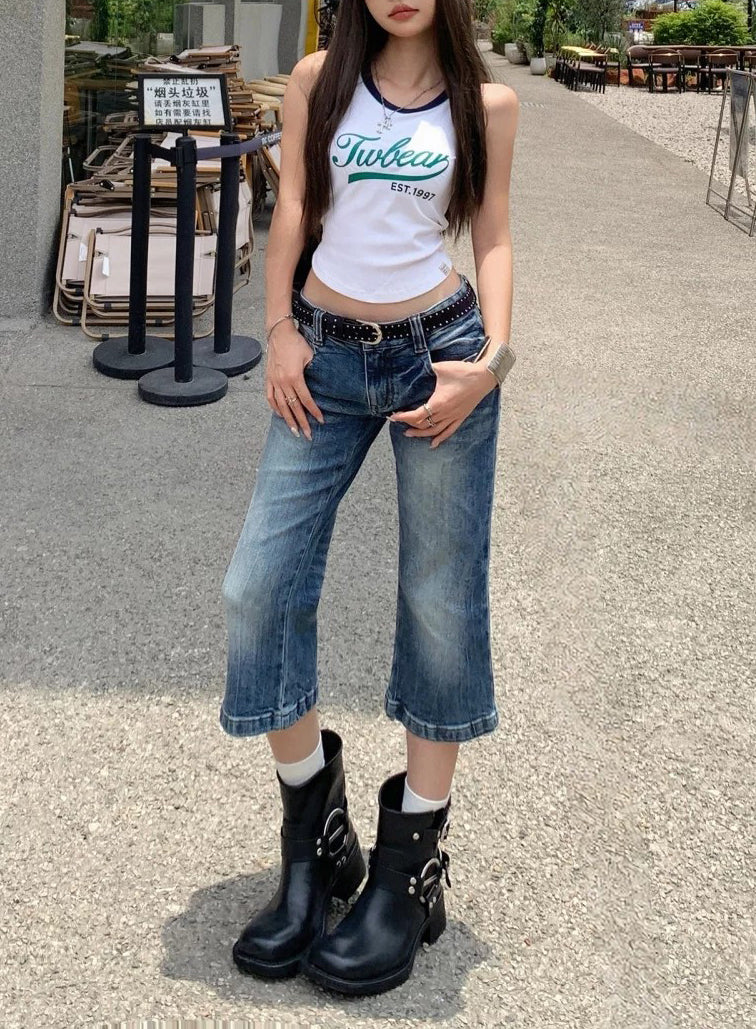 Women Y2K Vintage Low Rise Cropped Flare Denim Capri Jeans