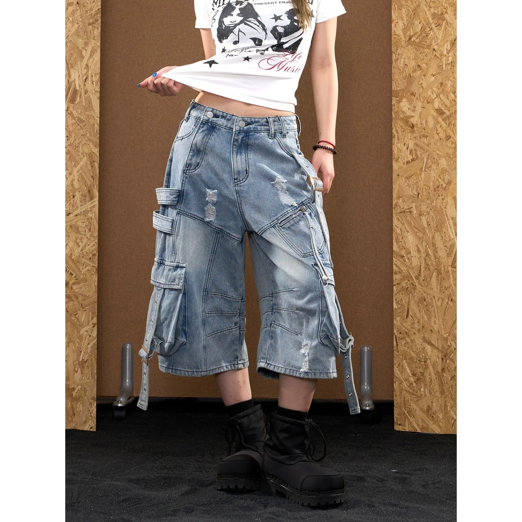 Baggy Distressed Denim Cargo Capri Jorts with Strap Details-Blue