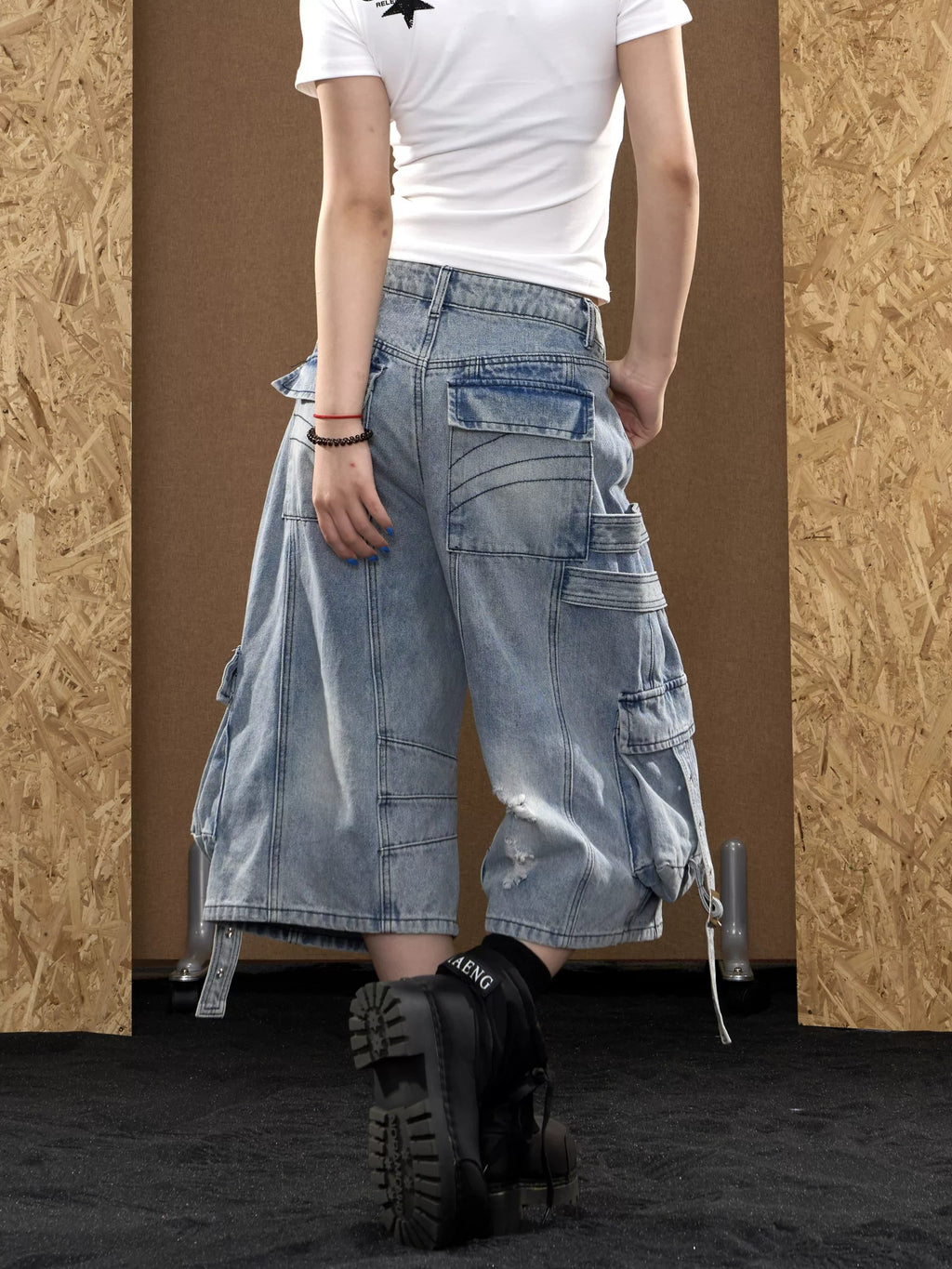 Baggy Distressed Denim Cargo Capri Jorts with Strap Details-Blue