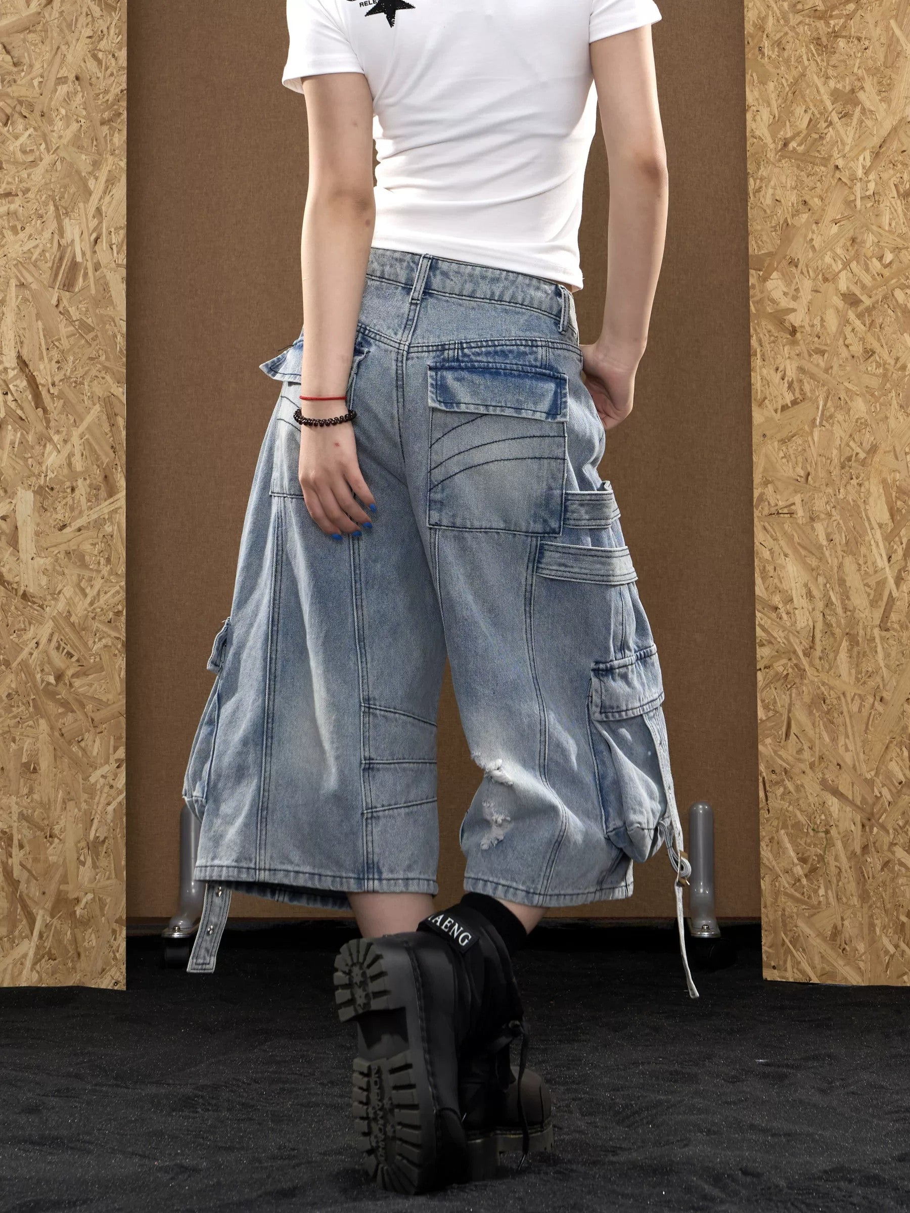 Baggy Distressed Denim Cargo Capri Jorts with Strap Details-Blue