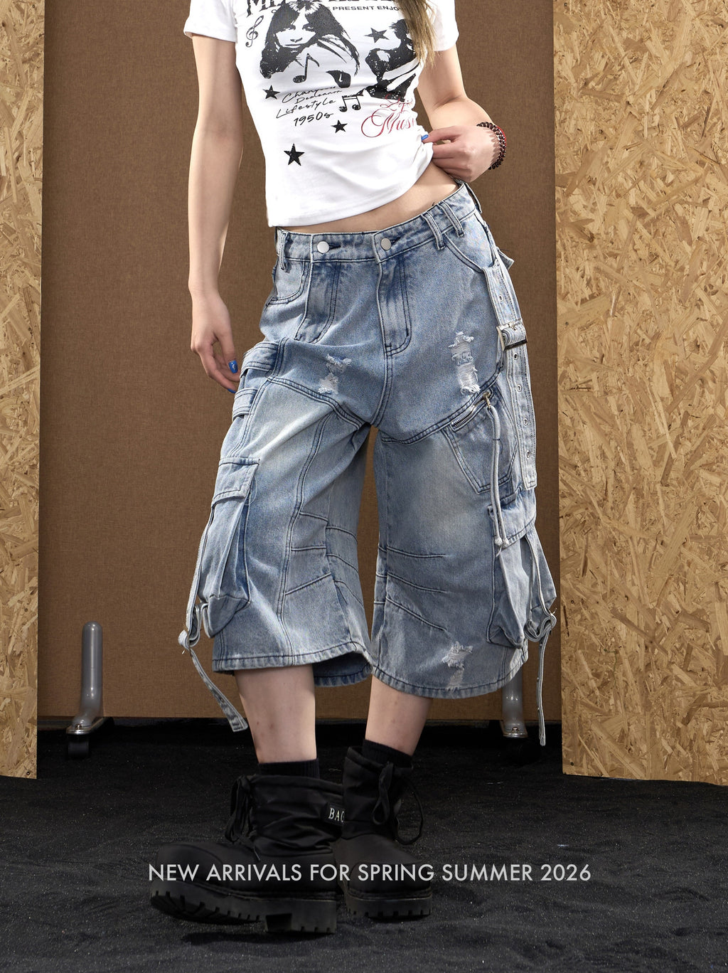 Baggy Distressed Denim Cargo Capri Jorts with Strap Details-Blue