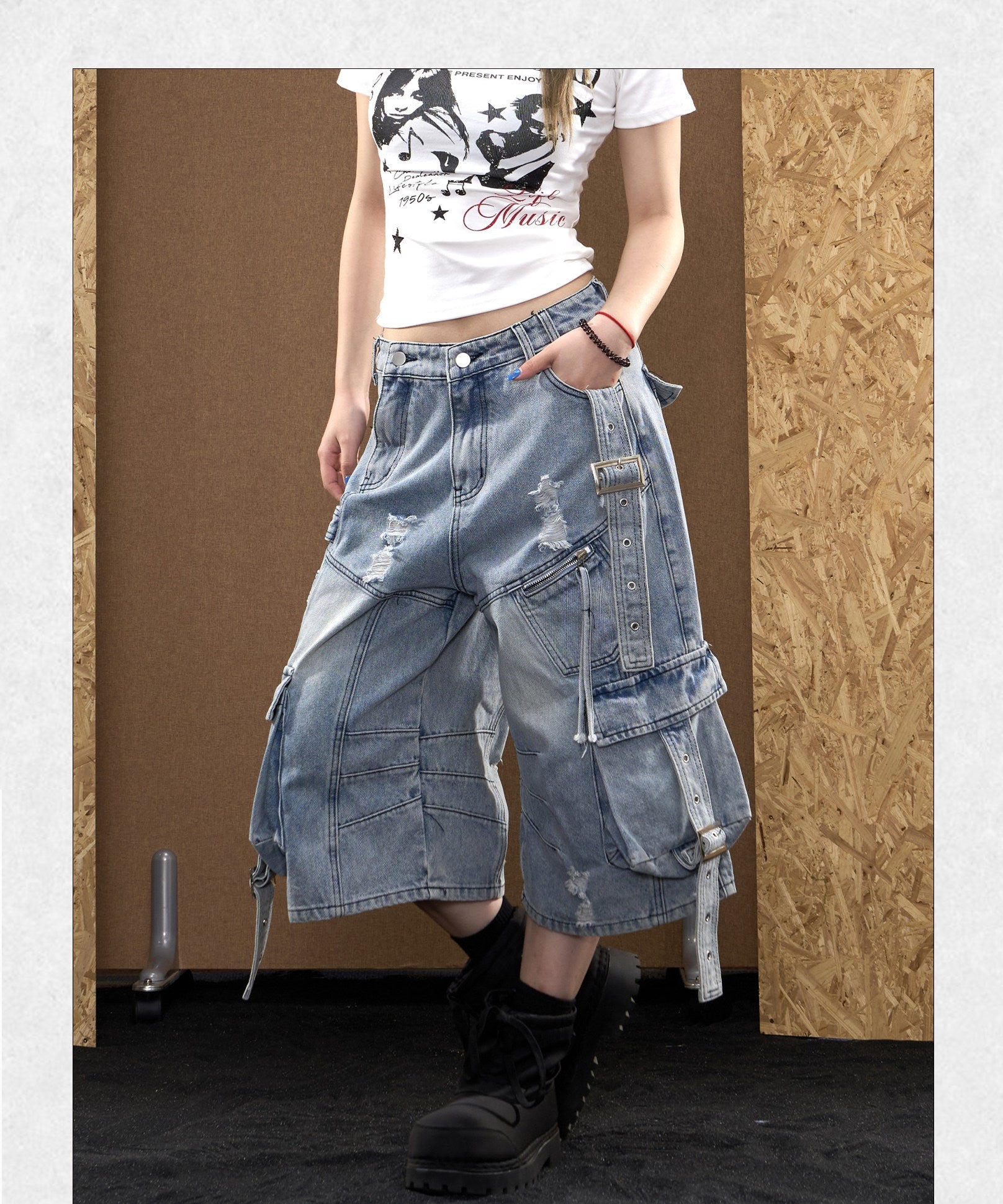 Baggy Distressed Denim Cargo Capri Jorts with Strap Details-Blue