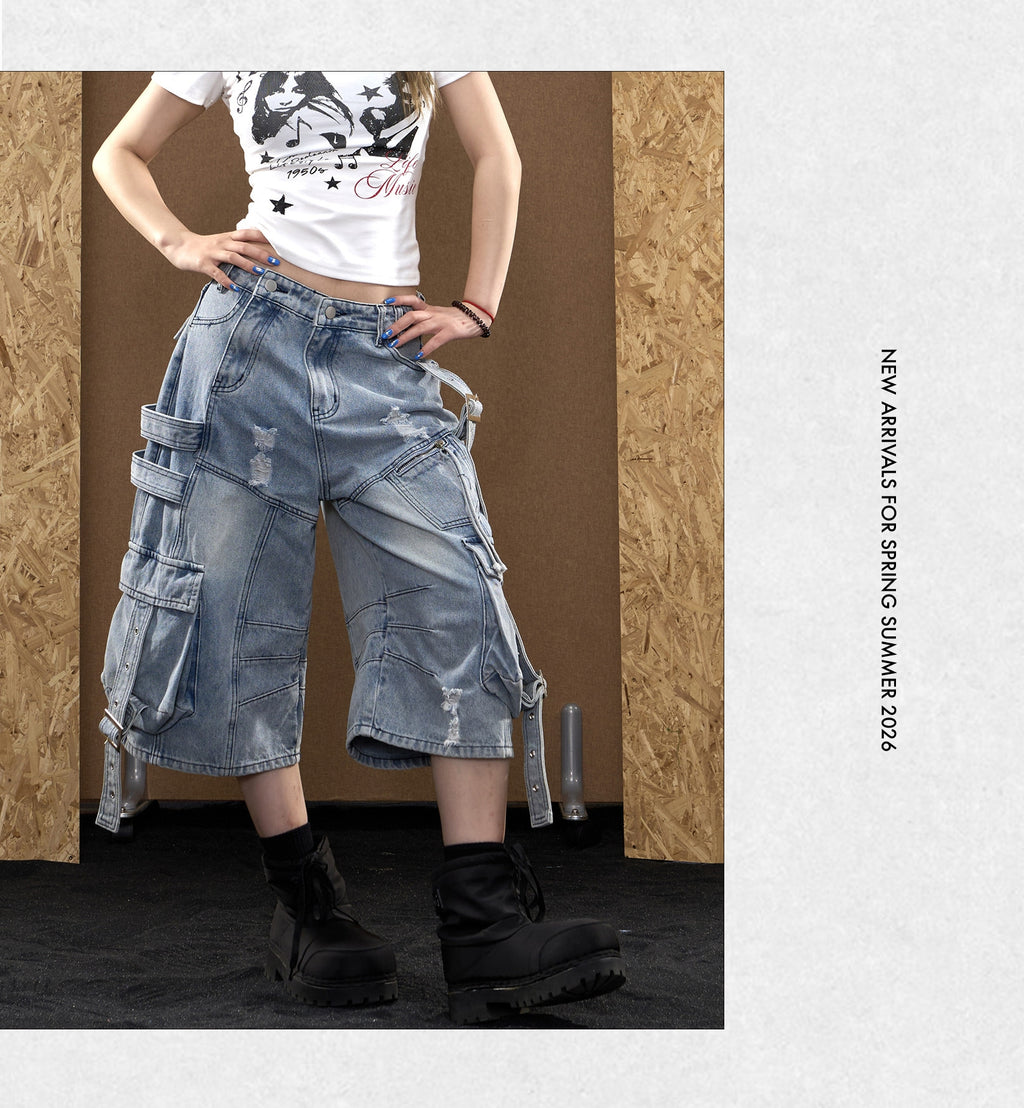 Baggy Distressed Denim Cargo Capri Jorts with Strap Details-Blue