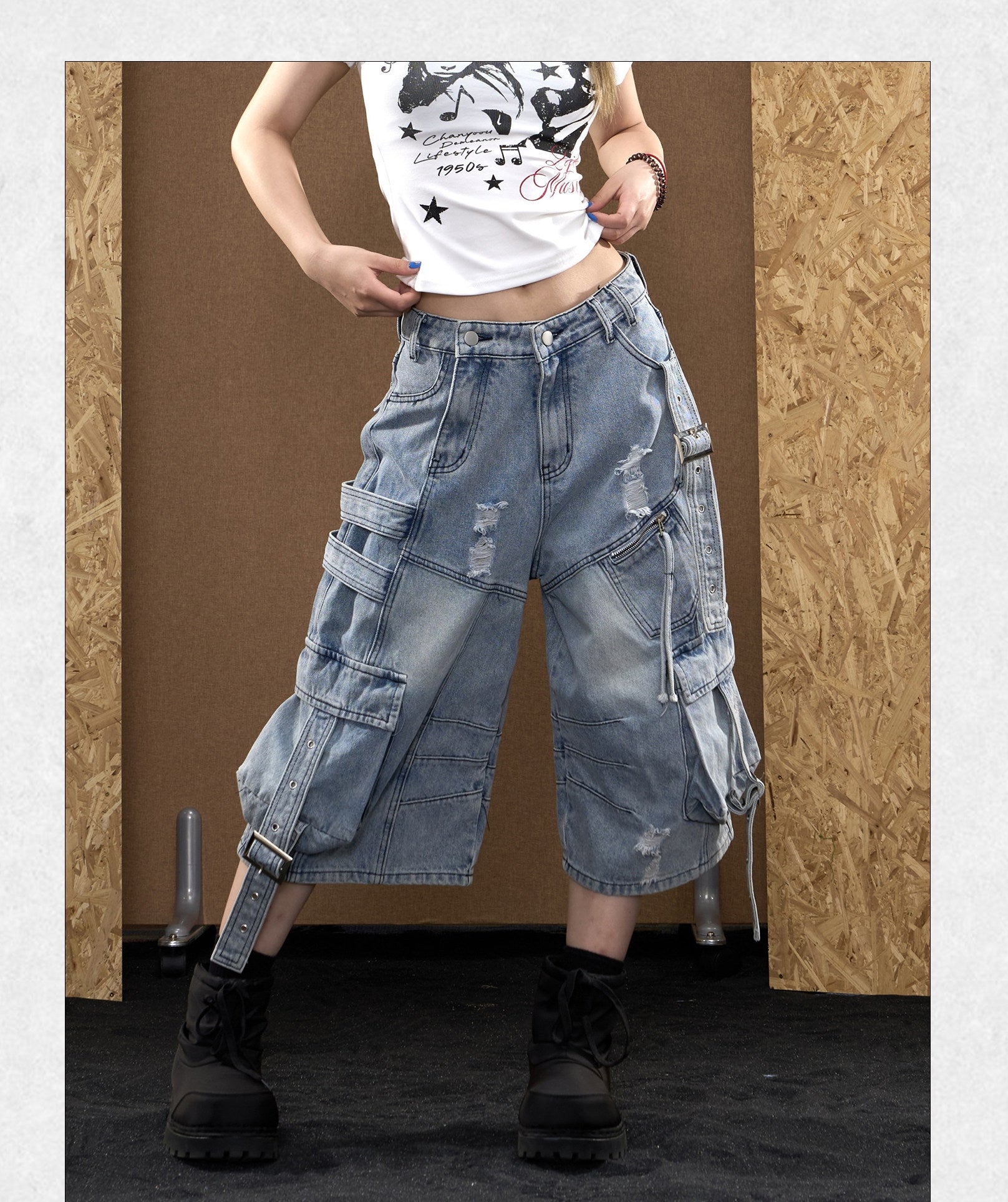 Baggy Distressed Denim Cargo Capri Jorts with Strap Details-Blue