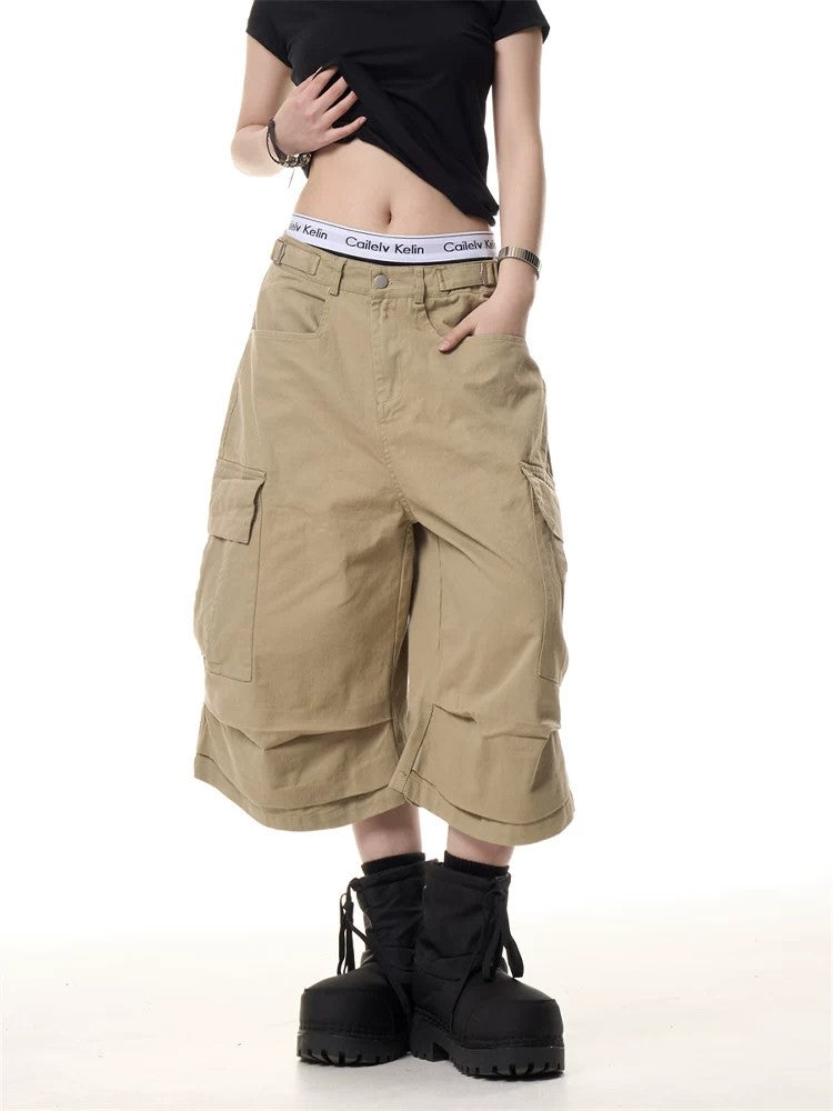 Women's Baggy Multi Pocket Cargo Capri Pants-Khaki