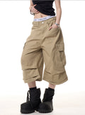 Women's Baggy Multi Pocket Cargo Capri Pants-Khaki