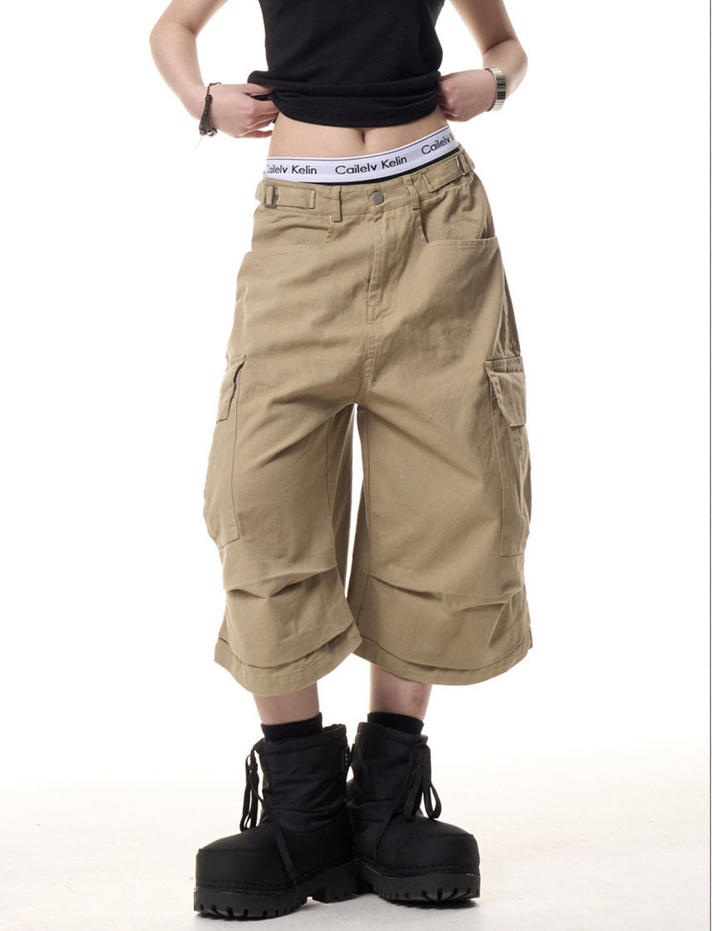 Women's Baggy Multi Pocket Cargo Capri Pants-Khaki