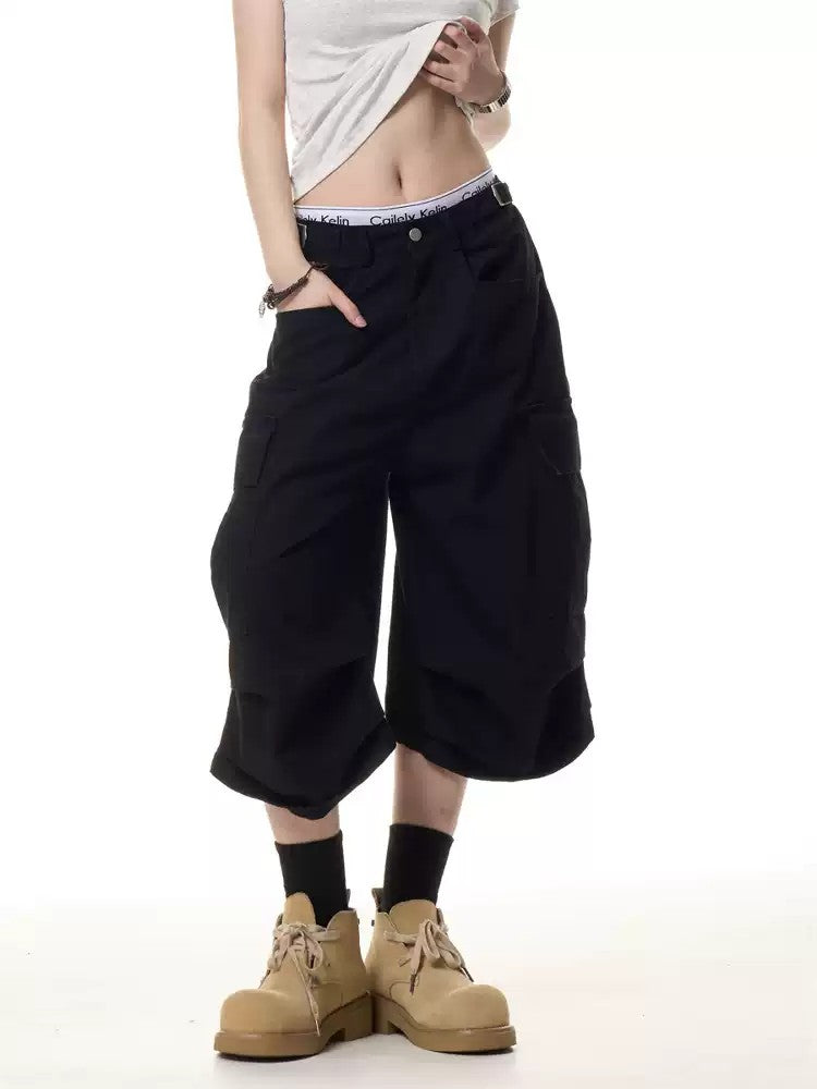 Women's Baggy Multi Pocket Cargo Capri Pants-Black