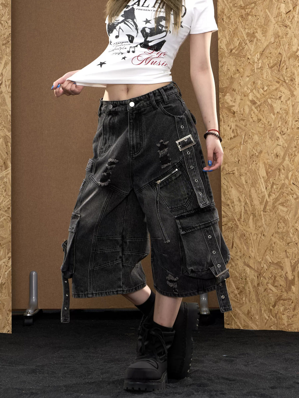 Baggy Distressed Denim Cargo Capri Jorts with Strap Details-Black
