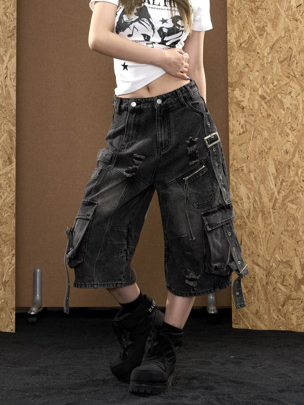 Baggy Distressed Denim Cargo Capri Jorts with Strap Details-Black