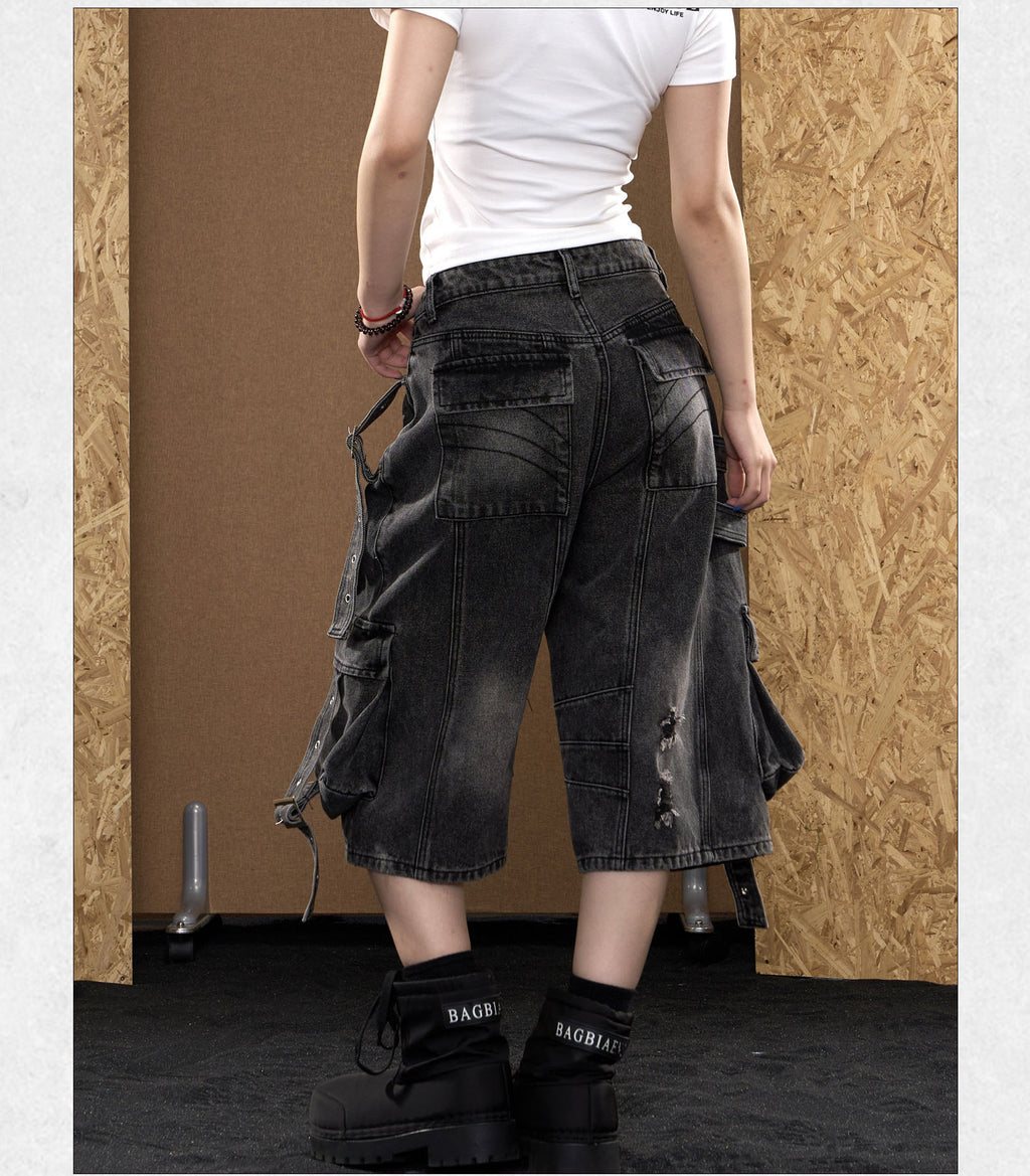 Baggy Distressed Denim Cargo Capri Jorts with Strap Details-Black
