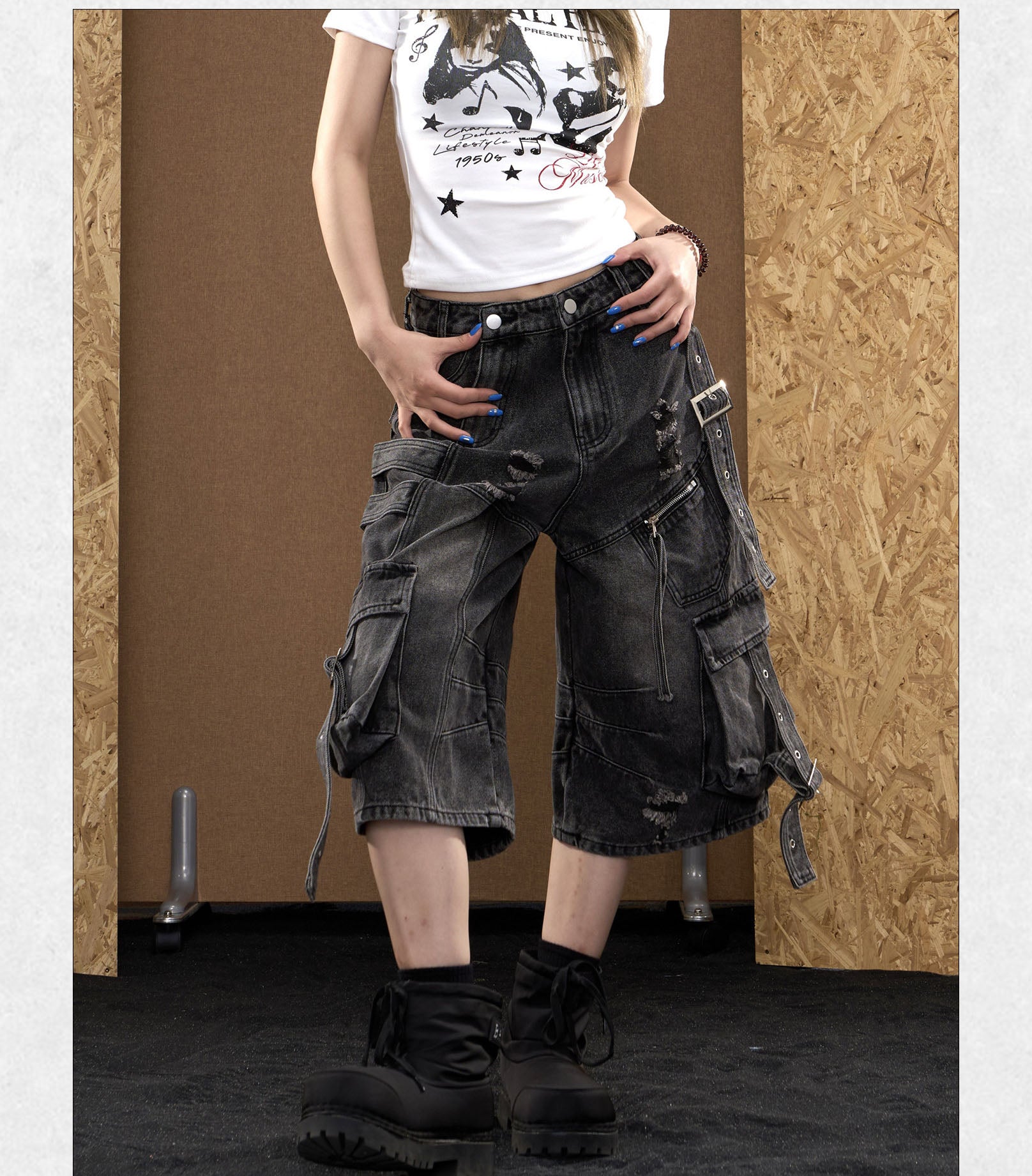 Baggy Distressed Denim Cargo Capri Jorts with Strap Details-Black