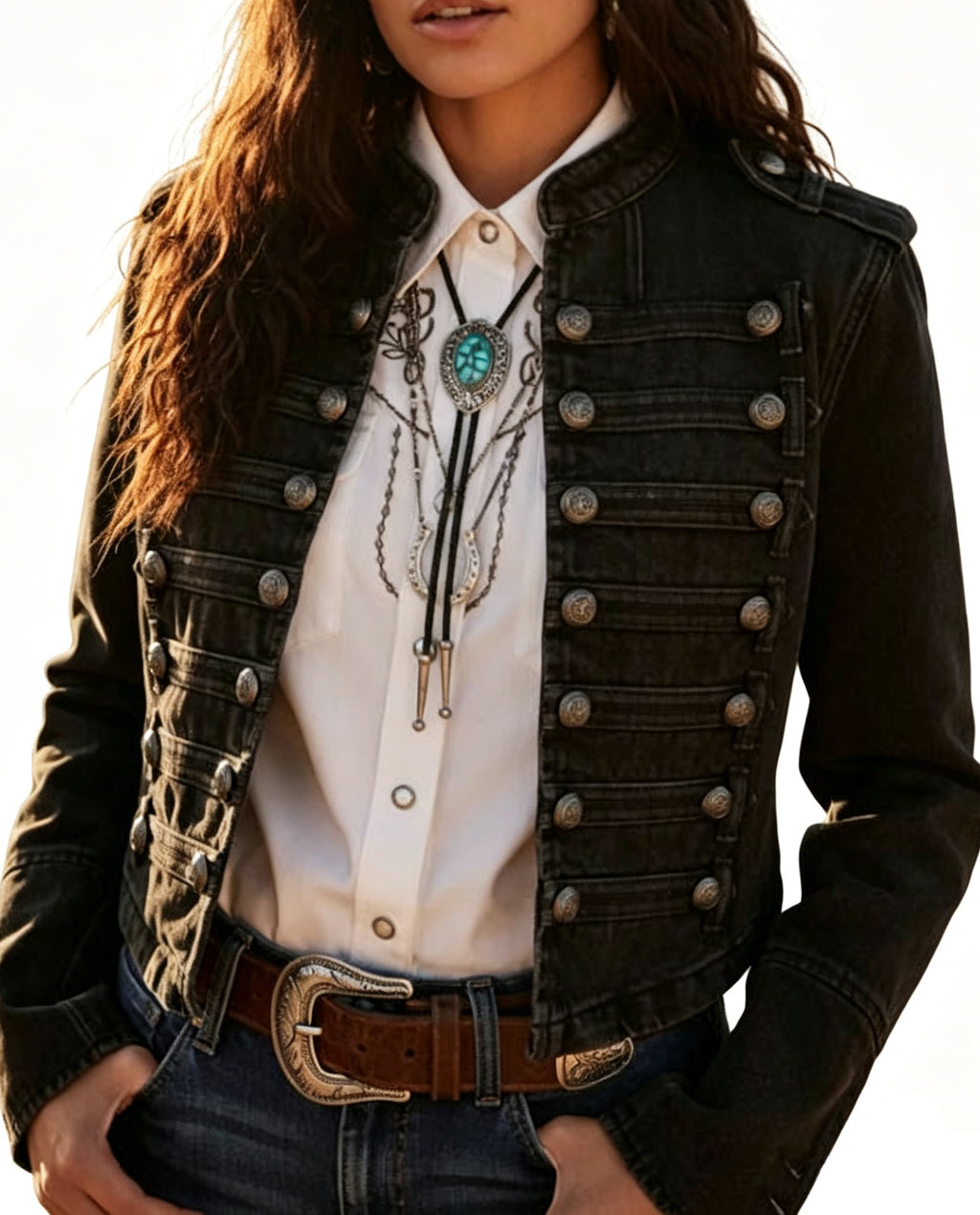 Women Military Denim Jacket Stand Collar Cropped Jean Jacket