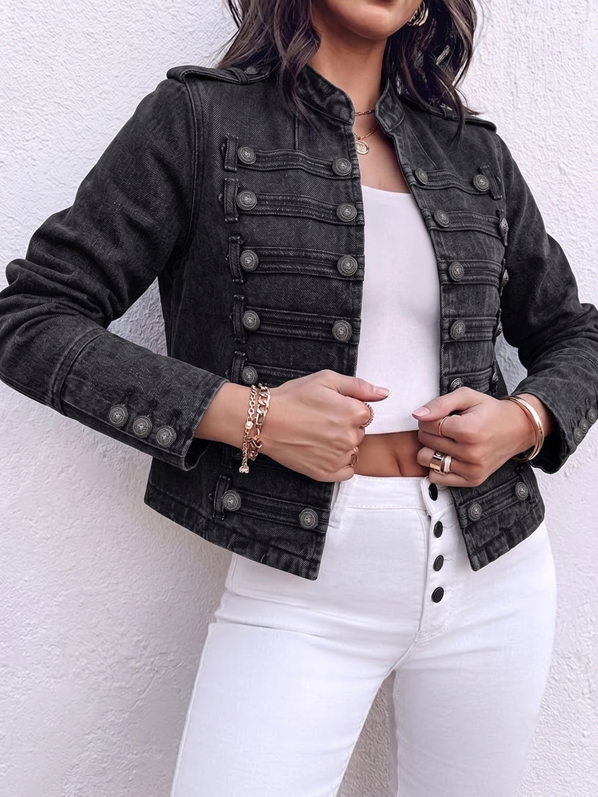 Women Military Denim Jacket Stand Collar Cropped Jean Jacket
